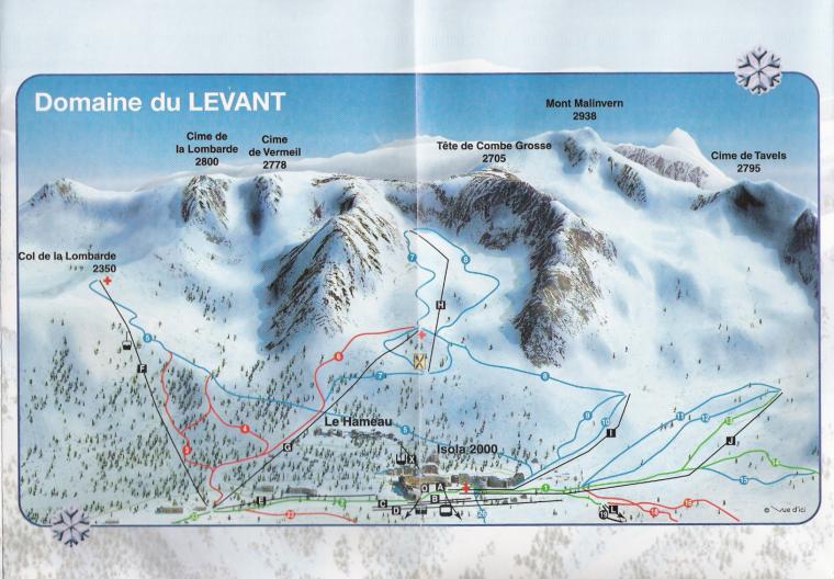 Plan des pistes Isola 2000 - Annes 90 - le front de neige et Levant -